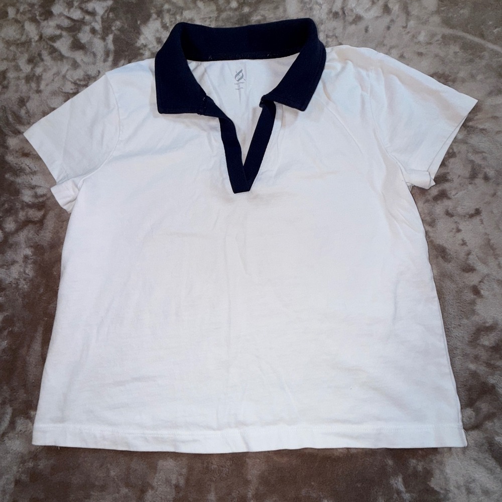 Lou‎ & Grey Polo Shirt Womens S White Navy Blue Excellent Split V-Neck Cotton